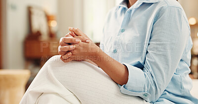 Buy stock photo Hands, stress and woman with anxiety in home for finance crisis, debt pressure and overwhelmed. Nervous, person and overthinking in apartment for financial mistake, mental health and worry for bills