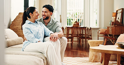 Buy stock photo Happy, sofa and couple in home talking for connection, bonding and relax in apartment. Laugh, marriage and man with woman in living room for conversation, healthy relationship and love on couch