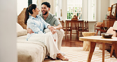 Buy stock photo Happy, conversation and couple on sofa in home for connection, bonding and relax together. Weekend, marriage and man with woman in living room talking for commitment, healthy relationship and love