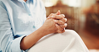 Buy stock photo Hands, nervous and woman with stress in home for finance crisis, debt regret and overwhelmed. Anxiety, person and overthinking in apartment for financial mistake, mental health and hopeless for bills