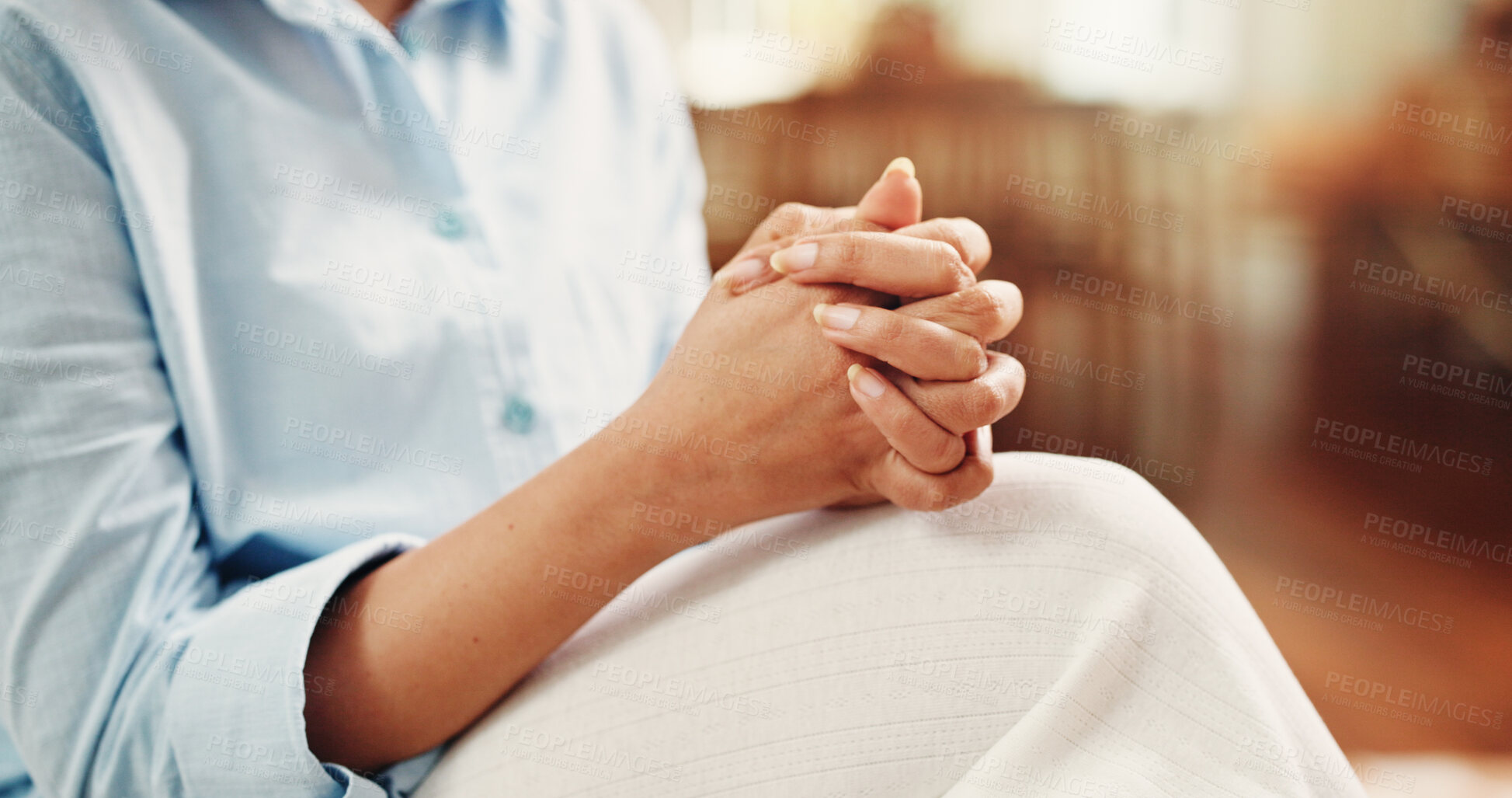 Buy stock photo Hands, nervous and woman with stress in home for finance crisis, debt regret and overwhelmed. Anxiety, person and overthinking in apartment for financial mistake, mental health and hopeless for bills