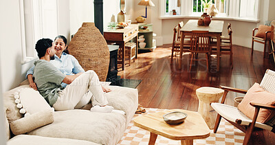 Buy stock photo Relax, smile and love with couple on sofa of home for connection, romance and bonding. Support, happy and trust with man and woman in living room of apartment for commitment, marriage and care