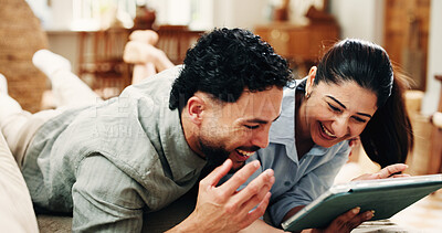 Buy stock photo Tablet, couch and couple laughing with movie, watch comedy show or online subscription website. Love, weekend bonding and happy people relax with comic film, streaming video together or tech in home