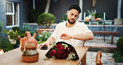 Buy stock photo Late date, restaurant and man with watch for reservation meeting, waiting and frustrated. Wristwatch, person and check time in diner for schedule delay, impatient and problem with dating appointment