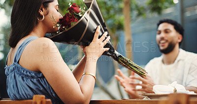 Buy stock photo Love, couple and surprise with roses at restaurant for romantic gift, anniversary date and bonding. Celebration, people and smell bouquet outdoor for appreciation, healthy relationship and connection