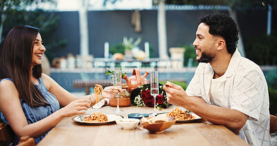 Buy stock photo Bonding, dating and eating with happy couple at table of restaurant together for romance. Conversation, love or relationship and smile of people with food for anniversary, celebration or hospitality