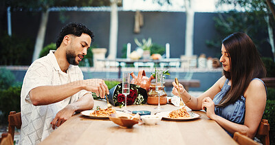 Buy stock photo Bonding, eating and dating with couple at table of restaurant together for celebration or romance. Food, love or relationship and people with pasta meal for anniversary, hospitality or milestone