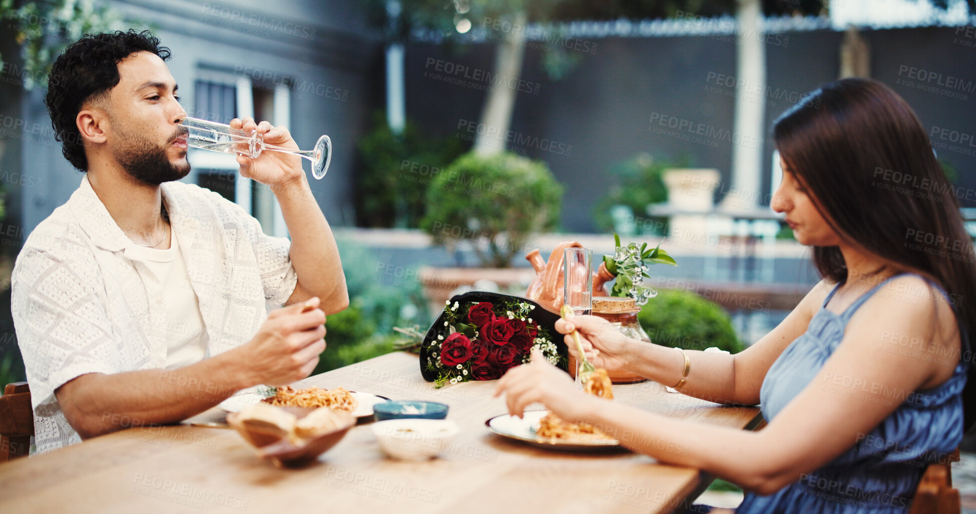 Buy stock photo Date, drinking and eating with couple in restaurant together for anniversary, bonding or love. Champagne, food and romance with people at table for fine dining cuisine, gourmet meal or pasta dish