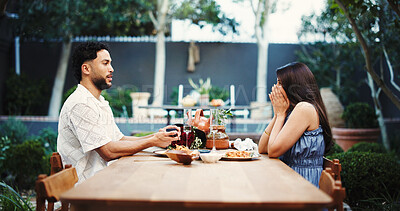 Buy stock photo Shock, couple and proposal for marriage with ring, engagement and romantic gesture. People, surprise and marry me for relationship commitment, emotional reaction and unexpected moment in home outdoor