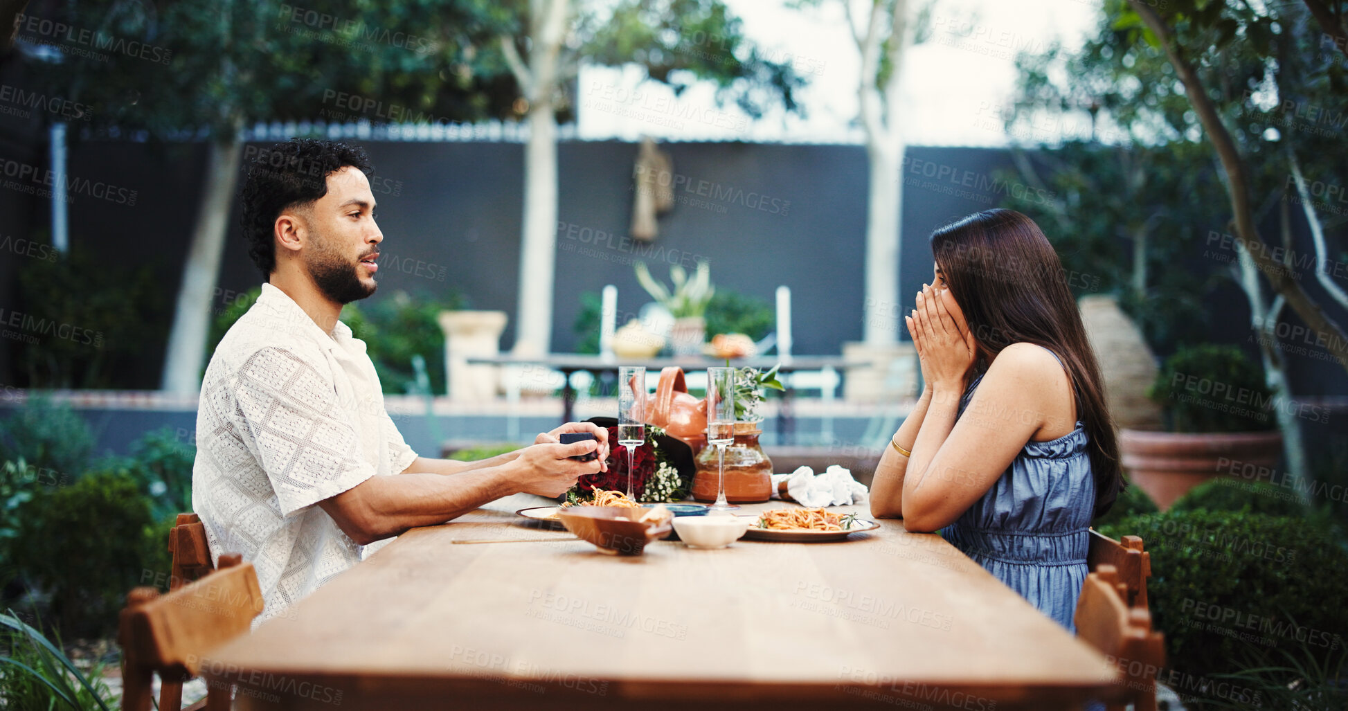 Buy stock photo Shock, couple and proposal for marriage with ring, engagement and romantic gesture. People, surprise and marry me for relationship commitment, emotional reaction and unexpected moment in home outdoor