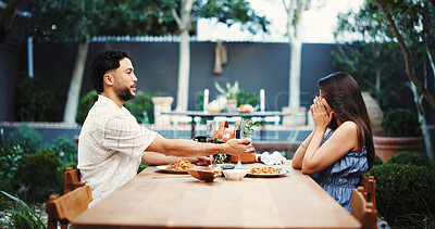 Buy stock photo Surprise, couple and proposal for marriage with ring, engagement and romantic gesture. People, shock and marry me for relationship commitment, emotional reaction and unexpected moment in home outdoor