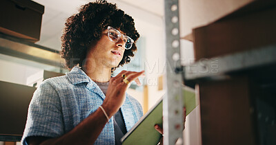 Buy stock photo Man, tablet and reading boxes in warehouse for inspection, information and inventory management. Male person, digital and package label for stock check, supply chain and update price for distribution