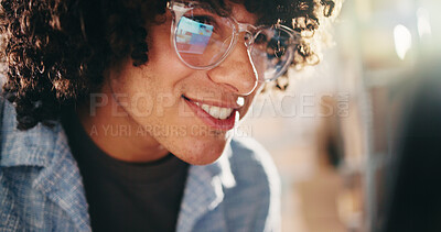 Buy stock photo Distribution, reflection and man with smile, glasses and online reading with email. Person, business owner or employee in office, eyewear or clear vision with blue light exposure or shipping schedule