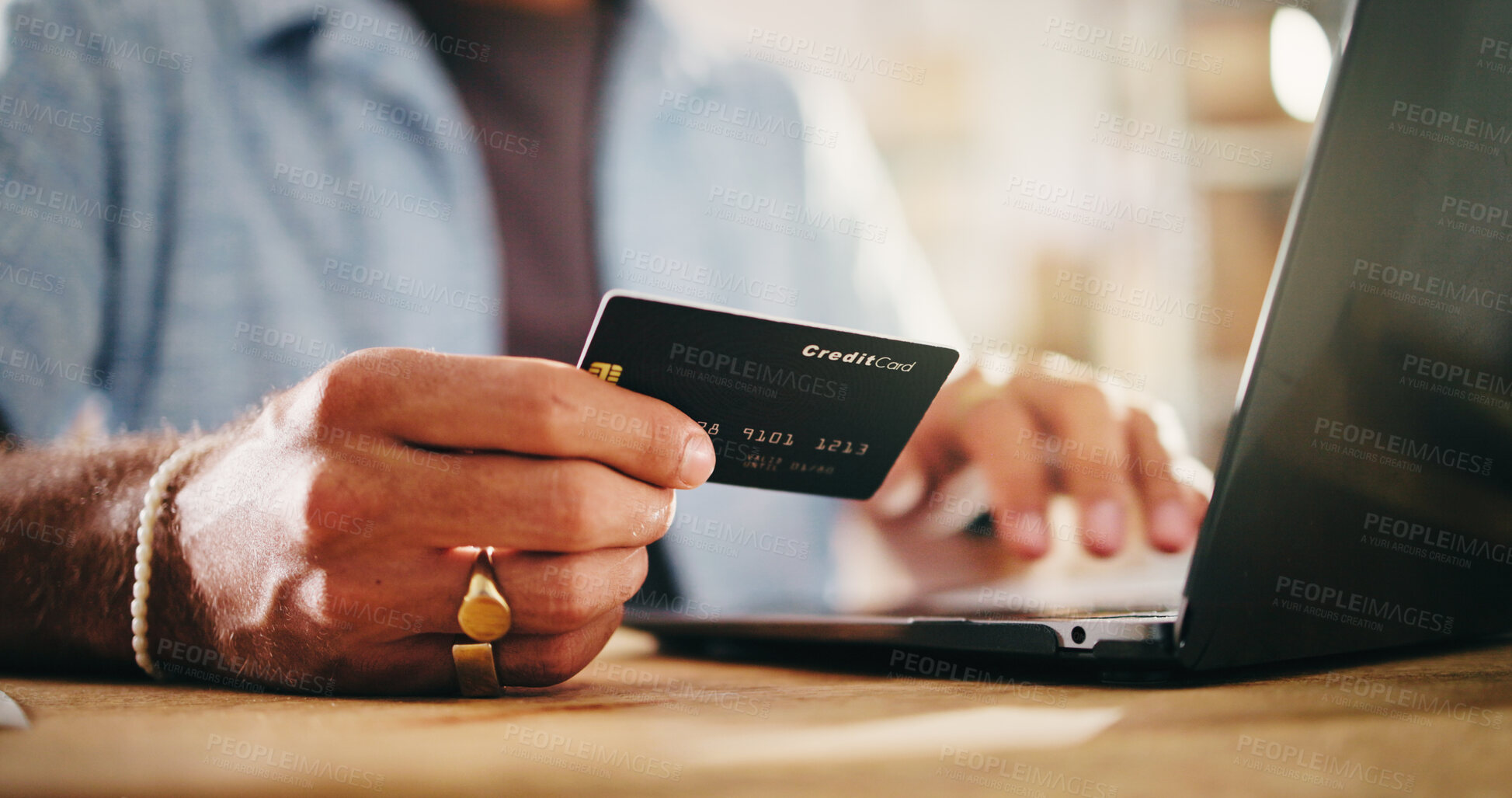 Buy stock photo Hands, credit card and person with laptop for online shopping, ecommerce order or store website. Debit, technology and computer with internet banking for payment with bills, purchase or transaction.