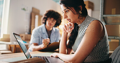 Buy stock photo Reading, laptop and logistics with woman in warehouse for delivery schedule, email confirmation and stock report. Digital inventory, ecommerce website and customer feedback with employee and tech