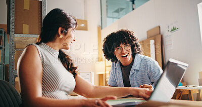 Buy stock photo Team, laptop and logistics with people in warehouse for delivery success, email confirmation and startup profit. Digital inventory, ecommerce website and positive feedback with employees and tech