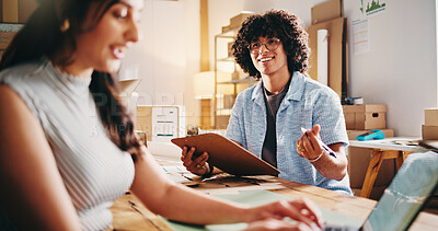 Buy stock photo People, small business and clipboard with meeting for shipping, checklist or discussion in startup. Laptop, supply chain and employees with typing for package, order details or delivery distribution
