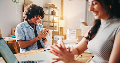 Buy stock photo People, small business and smile with meeting for shipping, documents or discussion in startup. Laptop, supply chain and employees with process for package, order details or delivery distribution