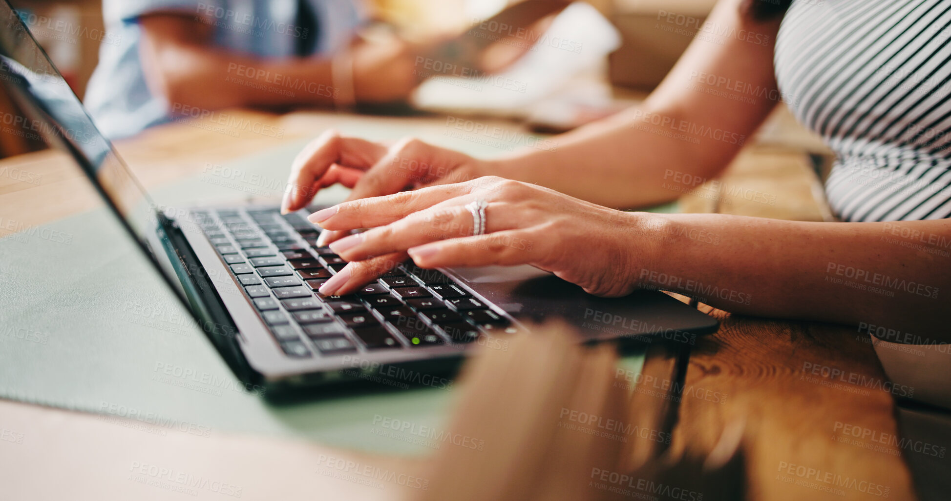 Buy stock photo Search, laptop and logistics with hands of person for delivery schedule, email confirmation and stock report. Digital inventory review, ecommerce website and customer feedback with employee and tech