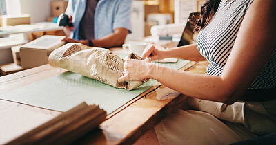 Buy stock photo Paper, packaging and hands of woman in office with distribution for delivery, shipping or courier. Ecommerce, package and small business owner with preparation on parcel for cargo, order or process