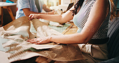 Buy stock photo Paper, packaging and hands of woman in small business with distribution for delivery, shipping or courier. Ecommerce, supplier or owner in office for preparation on parcel for cargo, order or process