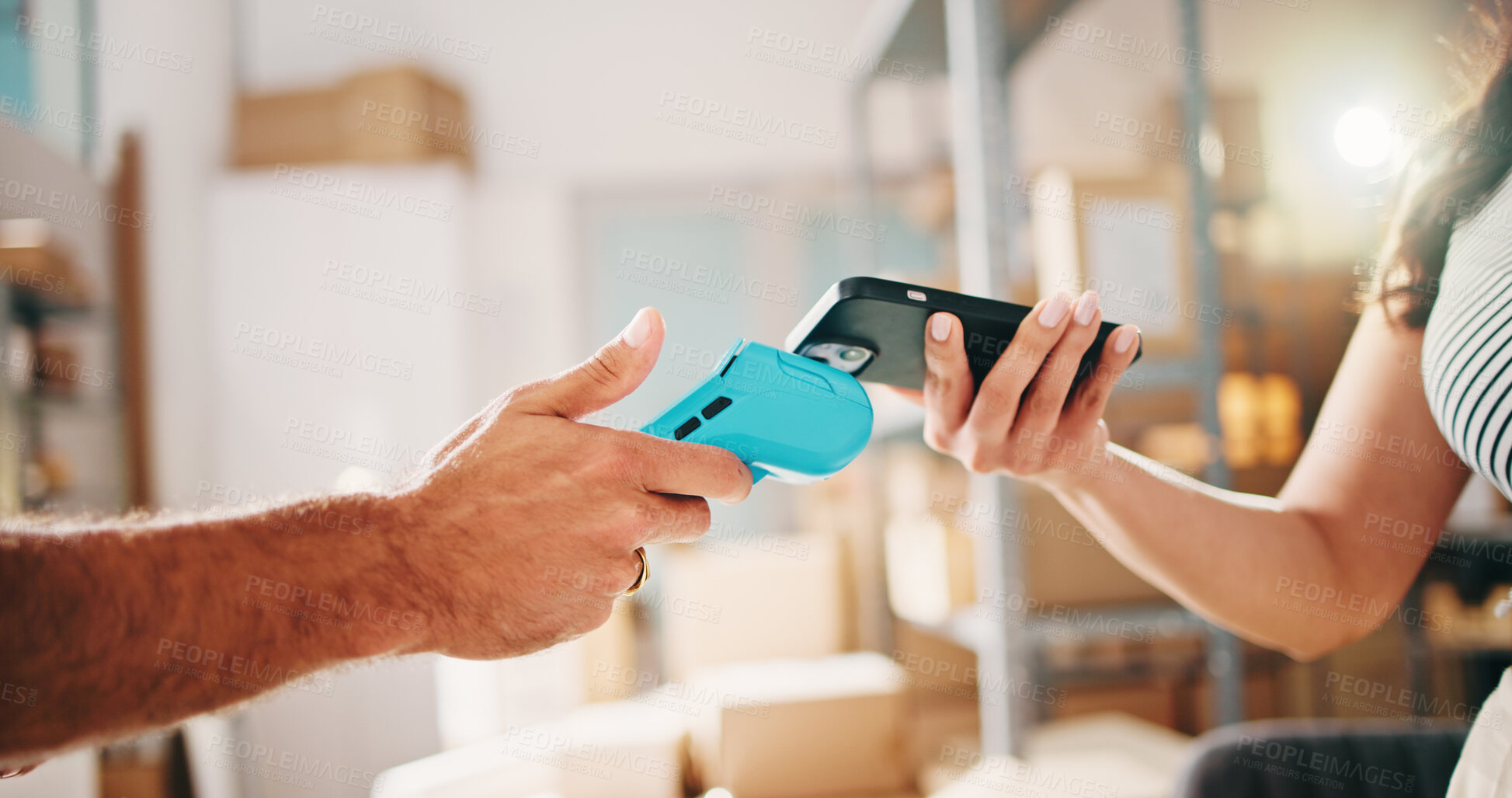 Buy stock photo Pos machine, hands and people with payment for cellphone, transactions and small business. Ecommerce, smartphone and customer with purchase, fintech and cashless tech with checkout or digital app