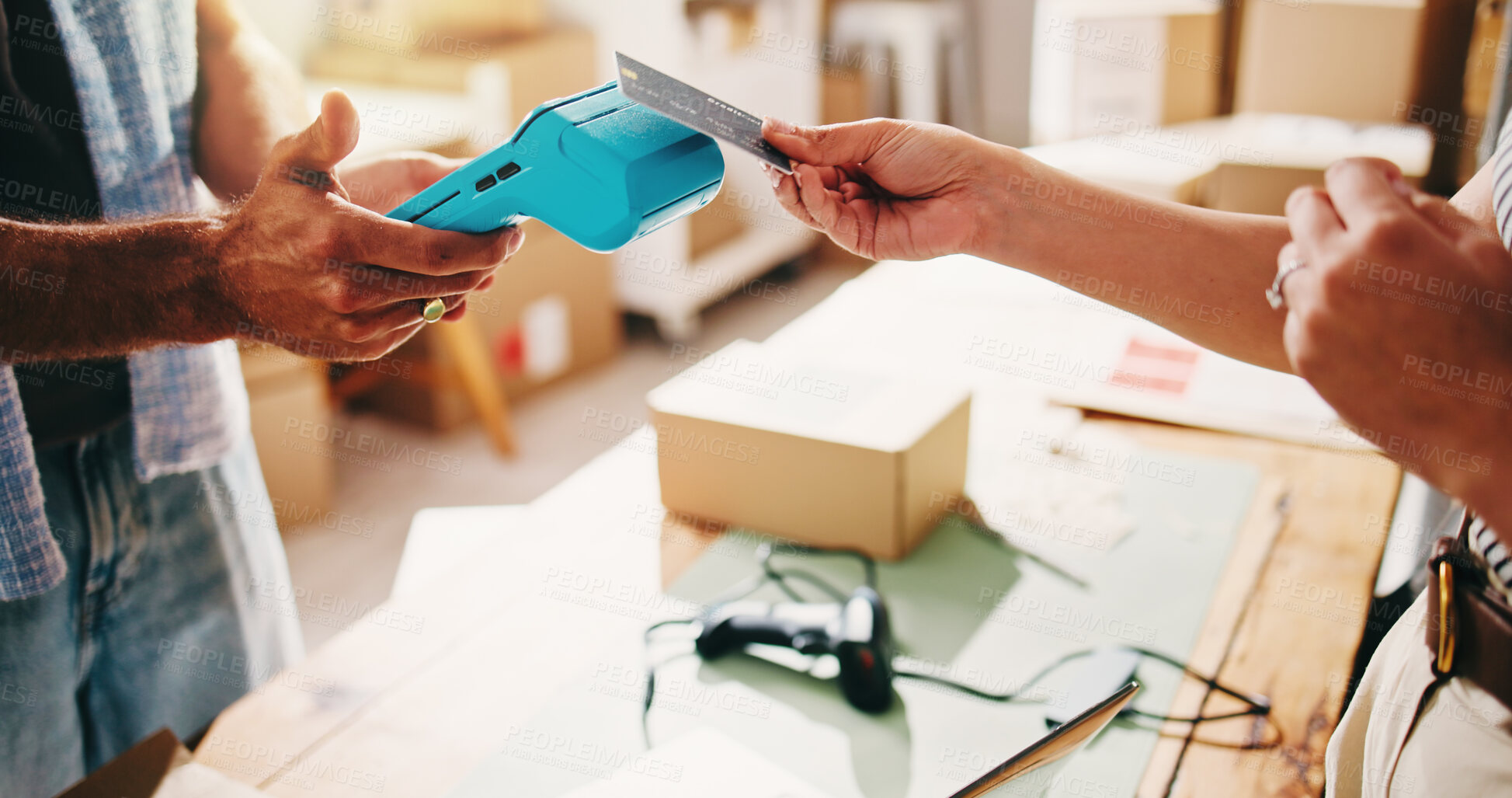 Buy stock photo Pos machine, hands and people with credit card for purchase, transactions and small business. Ecommerce, shopping and customer with payment, fintech and cashless tech with checkout or digital app