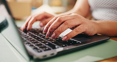 Buy stock photo Typing, laptop and shipping with hands of person for delivery schedule, email confirmation and stock report. Digital inventory review, ecommerce website and customer feedback with employee and tech