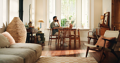 Buy stock photo Home, phone call and man in lounge, communication and digital app with conversation. Apartment, mobile user and person in living room, smartphone and calling with discussion, internet and talking