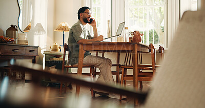 Buy stock photo Lounge, phone call or man with laptop for customer support, email problem or contact help desk for assistance. Tech issue, pointing or person in home for remote work, software glitch or blank screen