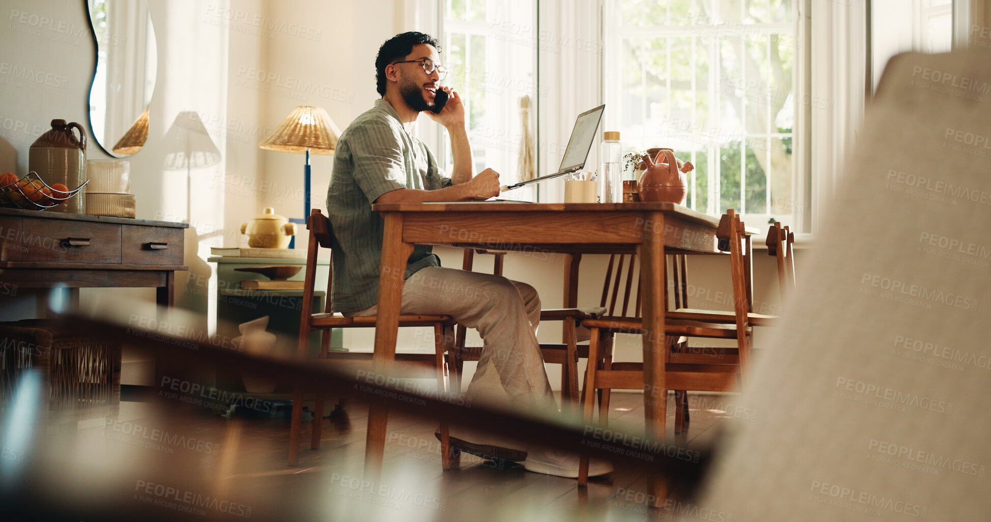 Buy stock photo Lounge, phone call or man with laptop for customer support, email problem or contact help desk for assistance. Tech issue, pointing or person in home for remote work, software glitch or blank screen