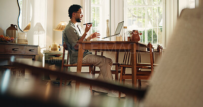 Buy stock photo Man, phone call and laptop for remote work from home, loudspeaker and contact with review for proposal. Person, writer and smartphone with mobile app, voice notes and computer for creative project