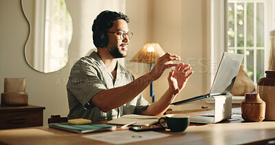 Buy stock photo Happy man, video call and laptop with headphones in home for webinar, communication or network. Male person, remote work with computer or app for online meeting, discussion or virtual chat in house