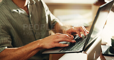 Buy stock photo Typing, project and hands with laptop, home and research for logo design on website and remote work. Graphic designer, flare and person with technology for digital art, creative and freelance task