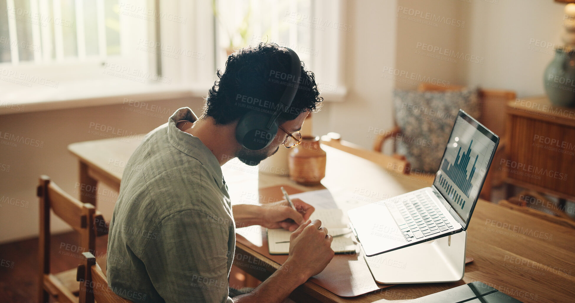 Buy stock photo Headphones, laptop screen or man with data in home for market shift, remote work or trading podcast. Freelancer, trader or crypto dashboard for writing price share notes, stocks graphs or audio track