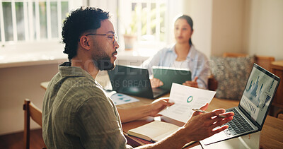 Buy stock photo Home, conversation and couple with laptop, documents and checklist for financial income. Bills, man and woman with computer, mortgage or feedback for budget, taxes and charts for retirement funding