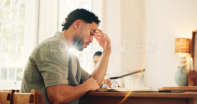 Buy stock photo Frustrated man, headache and home with stress, fatigue or strain for overworked, anxiety or burnout. Tired, male person or freelancer with migraine or lens flare for project deadline, fail or mistake