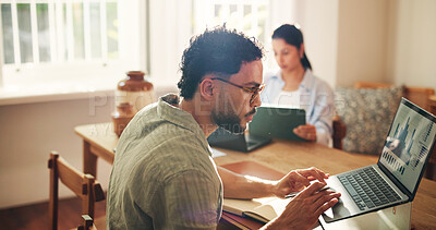 Buy stock photo Technology, startup and man with laptop, connection and charts for stock market exchange. Coworking, people and woman with computer, online reading and graphs for increase, trading and network