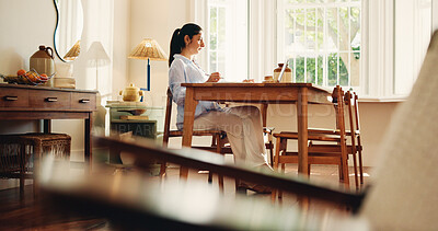 Buy stock photo Woman, laptop and writing notes with remote work from home, review and checklist for project management. Person, writer and computer with editing, proposal or article with creative career at house