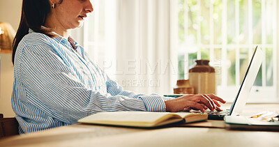 Buy stock photo Hands, woman and typing with laptop at house for research, copywriting report or editor feedback. Female person, remote work and pc for proofreading, update draft and story submission for publication