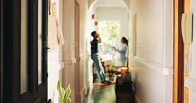 Buy stock photo Frustrated couple, fight or hallway with argument, conflict or disagreement for breakup in home. Angry, man and woman shouting with dispute for toxic relationship, cheating affair or divorce in house