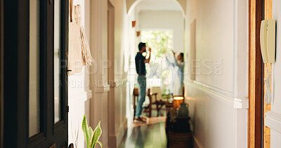 Buy stock photo Couple, hallway and home with argument, fight or conflict for disagreement, breakup or divorce. Frustrated, man and woman shouting with dispute in house corridor or passage for cheating affair