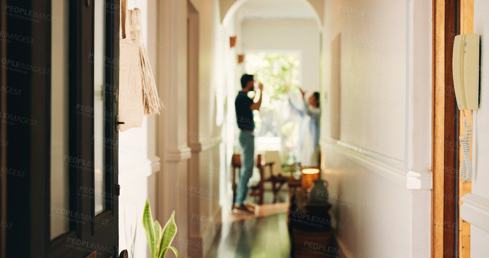 Buy stock photo Couple, hallway and home with argument, fight or conflict for disagreement, breakup or divorce. Frustrated, man and woman shouting with dispute in house corridor or passage for cheating affair