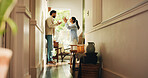 Frustrated couple, hallway or home with argument, fight or conflict for disagreement or breakup. Angry, man and woman shouting with dispute for toxic relationship, cheating affair or divorce in house