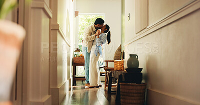 Buy stock photo Couple, kiss and dancing with love at house for romance, affection and bonding together with rhythm. People, holding hands and moving for weekend fun, romantic partner and embrace for commitment