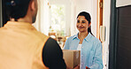 Happy woman, delivery and door with box for shipping, online order or customer service in home. Female person, client or courier guy with package, parcel or cargo for house entrance or logistics