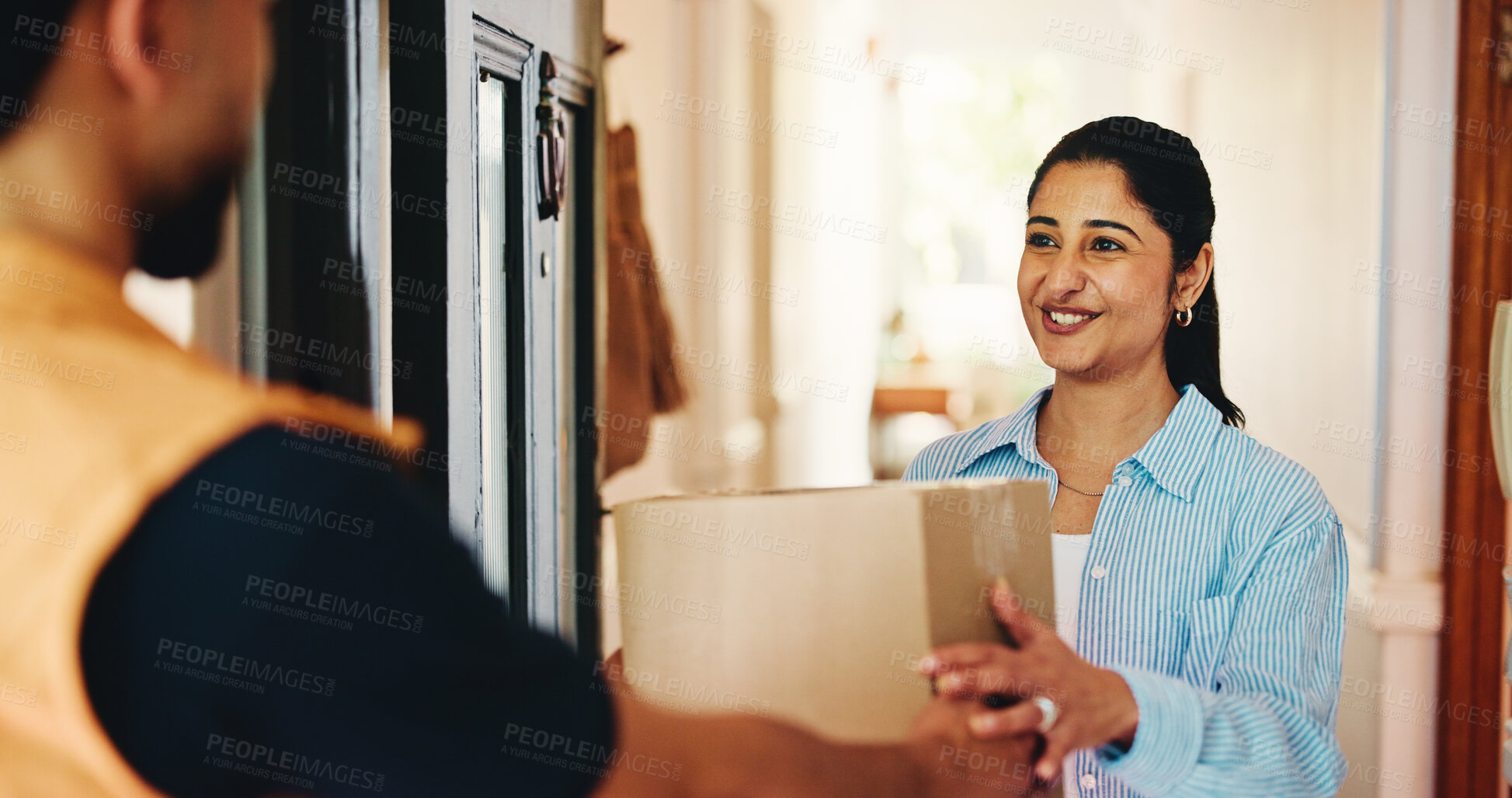 Buy stock photo Happy woman, delivery and door with box for ecommerce, shipping or online order in home. Female person, customer or courier guy with package, parcel or cargo for shipping, house entrance or logistics