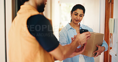 Buy stock photo Woman, delivery and phone with box for ecommerce, shipping confirmation or online order in home. Female person, customer or courier guy with mobile smartphone for package, parcel or cargo tracking