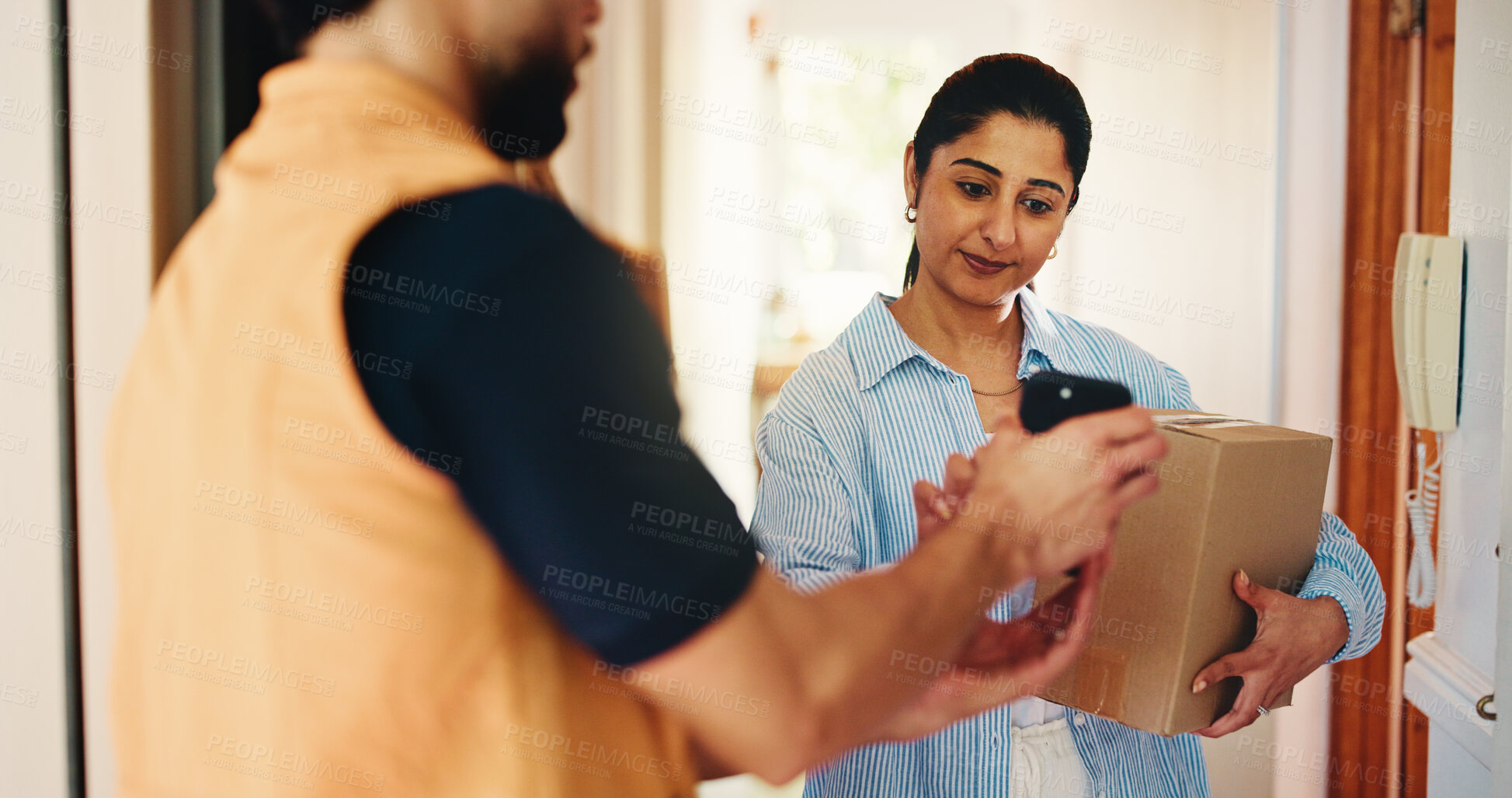 Buy stock photo Woman, delivery and phone with box for ecommerce, shipping confirmation or online order in home. Female person, customer or courier guy with mobile smartphone for package, parcel or cargo tracking