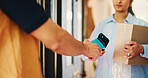 People, hands or delivery with pos machine, phone or box for ecommerce or shipping payment in home. Female person, customer or courier service with mobile smartphone for wireless transaction or order